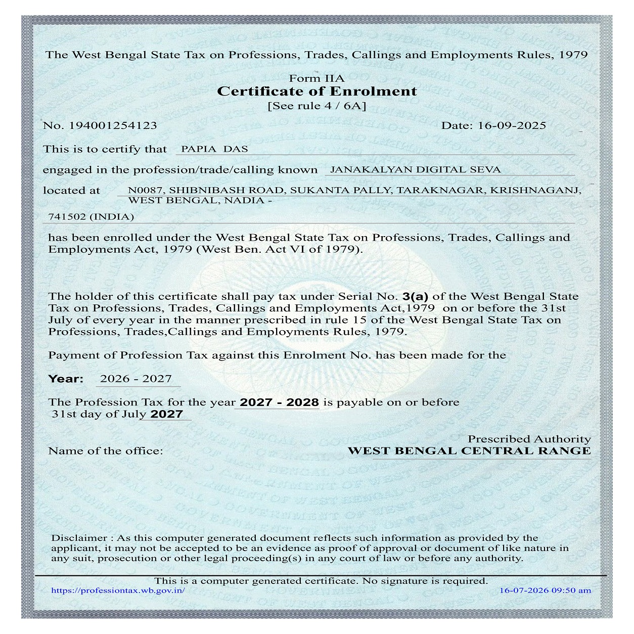 Home professional tax certificate of enrolment 1254